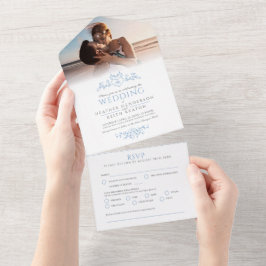 葉結婚線芸術ハートモノグラムブルー オールインワン招待状