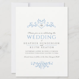 葉線芸術ハートモノグラム淡結婚い青 招待状