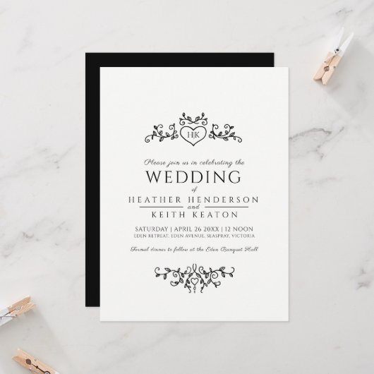 葉線芸術ハートモノグラム結婚モノ 招待状 (正面/裏面インサイチュ)