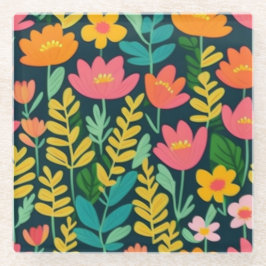 葉花カラフルデザイン ガラスコースター