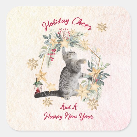 葉金ゴールド雪片おもしろい猫の新年のクリスマス スクエアシール (正面)