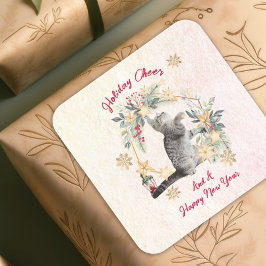 葉金ゴールド雪片おもしろい猫の新年のクリスマス スクエアシール