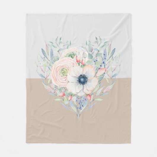 葉&フラワーウォータカラーハート フリースブランケット (正面)
