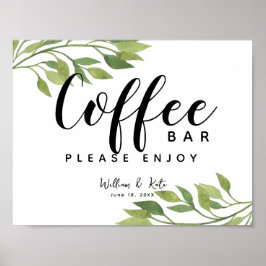 葉，緑，植物性コーヒーバー駅の標識 ポスター