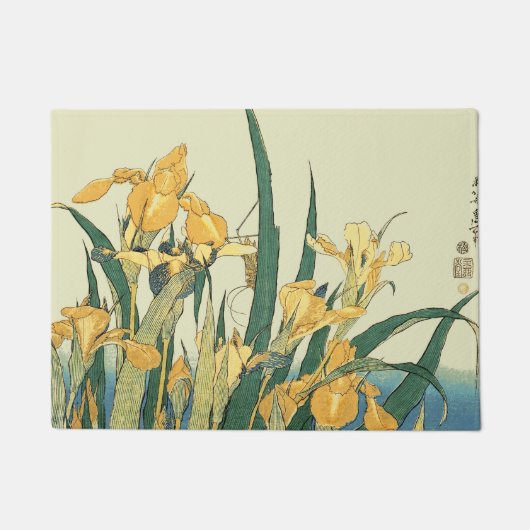 葛飾北斎のとんぼと菖蒲の古典的な日本画: 日本 ドアマット (正面)