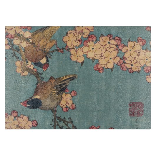 葛飾北斎のウソと枝垂桜 古典的な鳥の図 カッティングボード (正面)