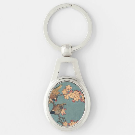 葛飾北斎のウソと枝垂桜 古典的な鳥の図 キーホルダー (正面)