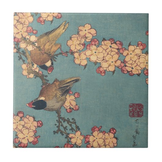 葛飾北斎のウソと枝垂桜 古典的な鳥の図 タイル (正面)