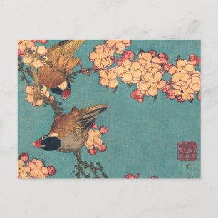 葛飾北斎のウソと枝垂桜 古典的な鳥の図 ポストカード