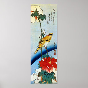 葛飾北斎の浮世絵、芙蓉の枝の小鳥 ポスター
