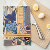 葛飾北斎 - 富士三十六景のひとつ、東海道吉田 キッチンタオル (四つ折り)