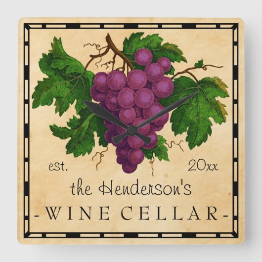 葡萄のヴィンテージ名を持つワインセラパーソナライズされたー スクエア壁時計 (正面)