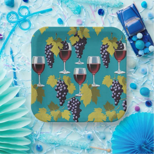 葡萄を背景にしたティール(緑がかった色)グラス ペーパープレート (パーティー)