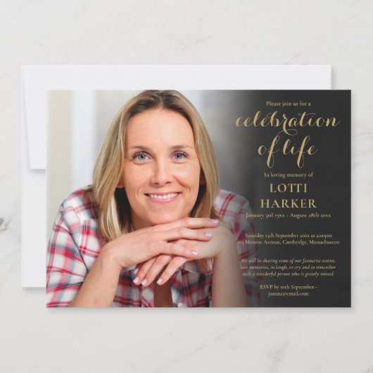 葬儀お祝いのライフエレガント金ゴールド写真 招待状 (正面)