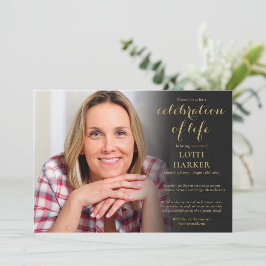 葬儀お祝いのライフエレガント金ゴールド写真 招待状 (スタンド正面)