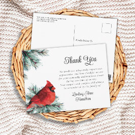 葬儀のお礼 赤いカーディナル鳥 エバーグリーン ポストカード