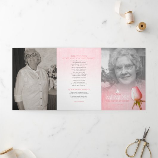 葬儀のプログラムの順序ピンクのバラ 三つ折りプログラム (外部)