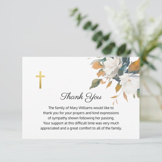 葬儀の宗教的なメモリアル白フローラ十字架 サンキューカード (スタンド正面)