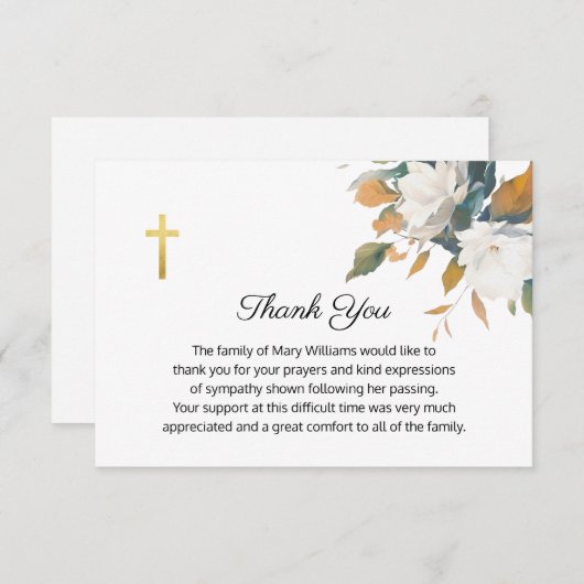 葬儀の宗教的なメモリアル白フローラ十字架 サンキューカード (正面/裏面)