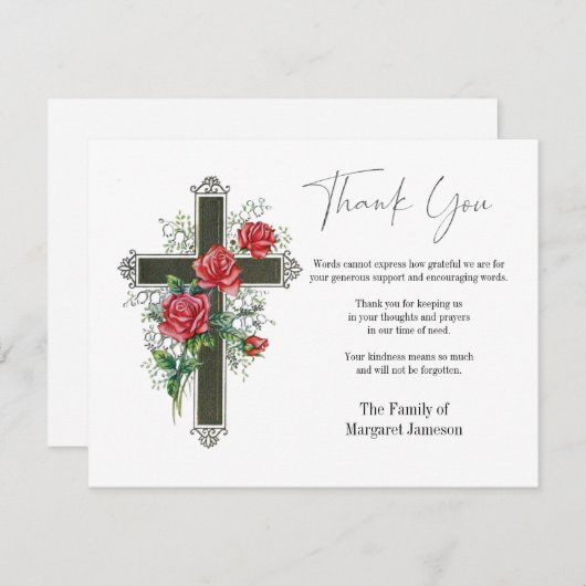 葬儀の弔問悔やみや弔慰クロスとバラ サンキューカード (正面/裏面)