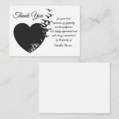 葬儀の後の黒ハートと鳥サンキューカード ノートカード (正面/裏面)