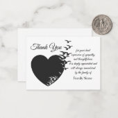 葬儀の後の黒ハートと鳥サンキューカード ノートカード (正面/裏面インサイチュ)