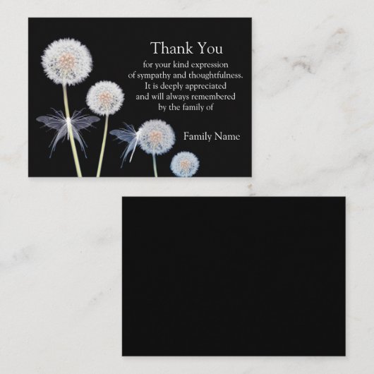 葬儀の後、黒のダンデリオンがサンキューカード ノートカード (正面/裏面)