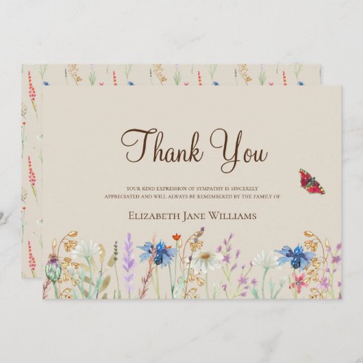 葬儀の忌引きワイルドフラワーありがとう サンキューカード (正面/裏面)