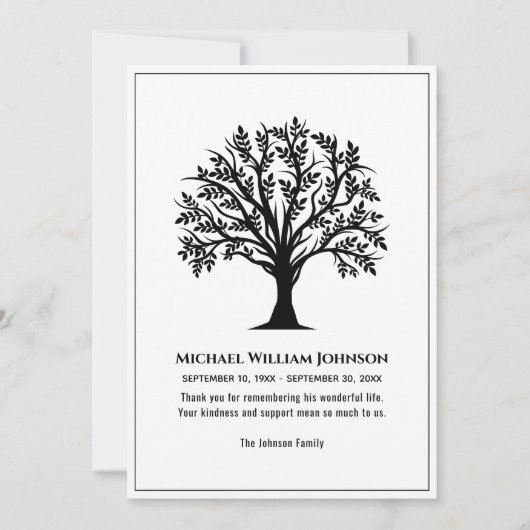 葬儀の白黒の生命の木 サンキューカード (正面)
