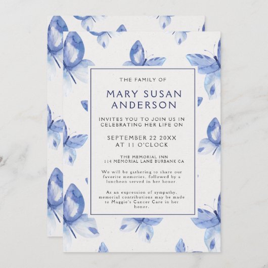 葬儀の蝶の写真の発表 招待状 (正面/裏面)