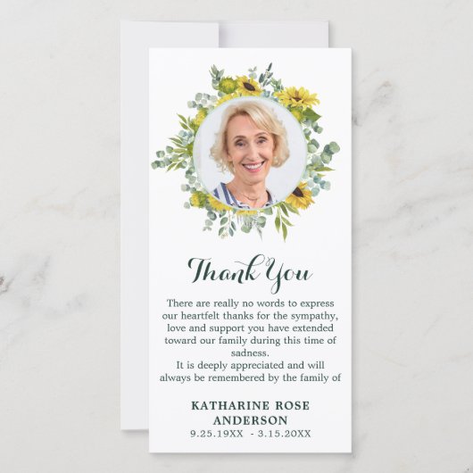 葬儀ひまわりユーカリ写真悔やみや弔慰 サンキューカード (正面)