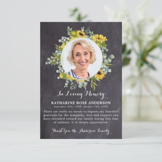 葬儀ひまわりユーカリ石板写真悔やみや弔慰 サンキューカード (スタンド正面)