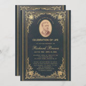 葬儀エレガントヴィンテージブルー金ゴールド写真 招待状 (正面/裏面)