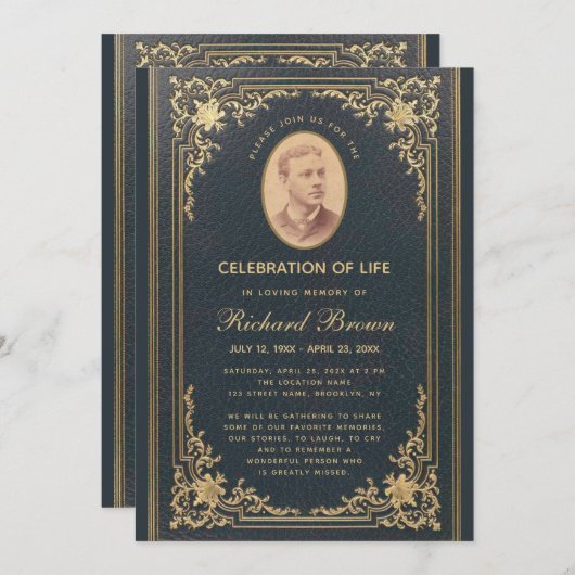 葬儀エレガントヴィンテージブルー金ゴールド写真 招待状 (正面/裏面)