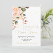 葬儀クリスチャン写真エレガントピンクローズフローラ 招待状 (スタンド正面)