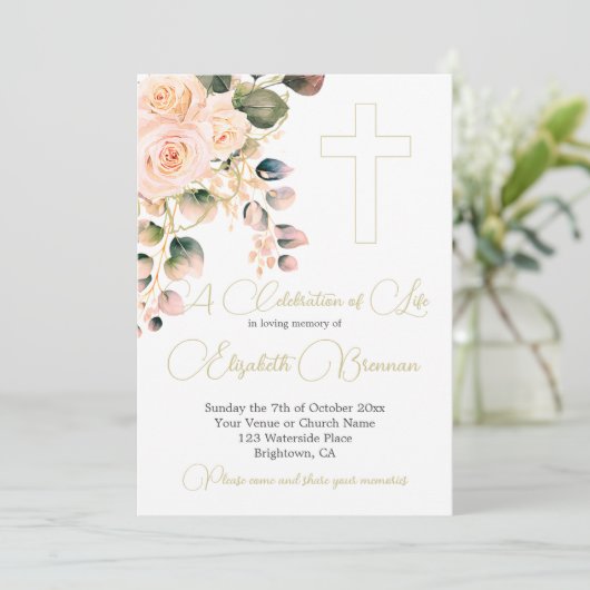 葬儀クリスチャン写真エレガントピンクローズフローラ 招待状 (スタンド正面)