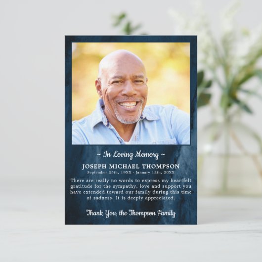 葬儀サンキューフォト悔やみや弔慰ブルーマーブル サンキューカード (スタンド正面)