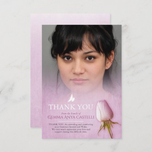 葬儀パープルバラ写真家族サンキューカード サンキューカード (正面/裏面)