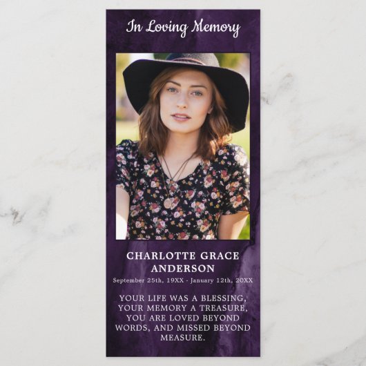 葬儀パープル悔やみや弔慰写真記念祈りの言葉カード (正面)