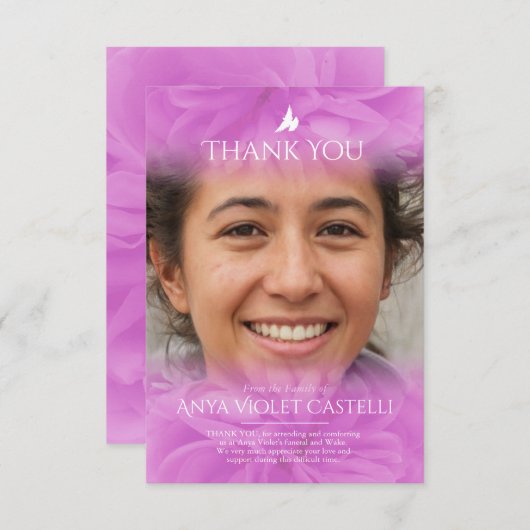 葬儀ピンクのソフトバラ写真ファミリーサンキューカード サンキューカード (正面/裏面)