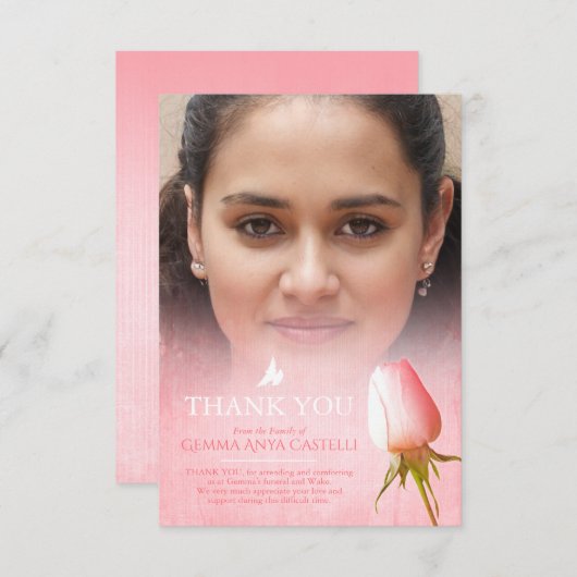 葬儀ピンクのバラの写真ファミリーサンキューカード サンキューカード (正面/裏面)