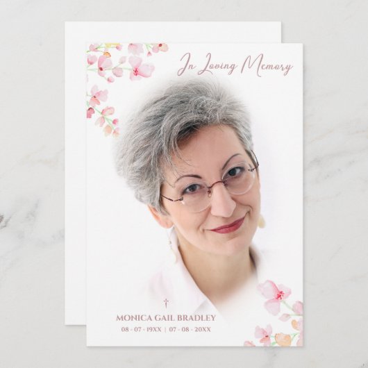 葬儀フェイクバラ金ゴールドフォトピンクフローラ枝 招待状 (正面/裏面)