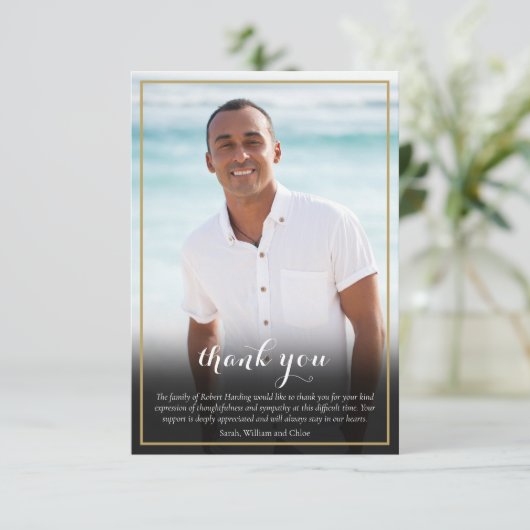 葬儀フォトエレガント金ゴールドCross Script サンキューカード (スタンド正面)