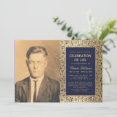 葬儀フォトネイビー金ゴールドエレガントライフお祝い 招待状 (スタンド正面)