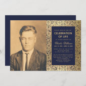 葬儀フォトネイビー金ゴールドエレガントライフお祝い 招待状 (正面/裏面)