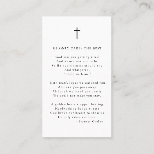 葬儀フォトフォーエバーハートクロス祈りの言葉カード 名刺 (裏面)