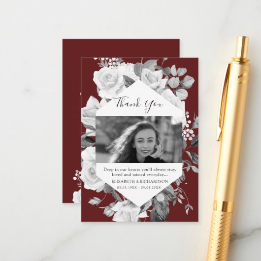 葬儀フォトメモリアルフローラ赤サンキューカード エンクロージャーカード (正面/裏面インサイチュ)