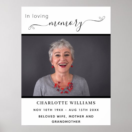 葬儀フォトメモリアル白い黒いハート歓迎 ポスター (正面)