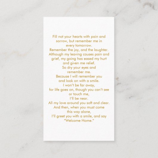 葬儀フォトメモリアル金ゴールドスクリプト祈りの言葉カード 名刺 (裏面)