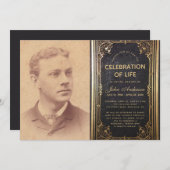 葬儀フォトヴィンテージブラック金ゴールドライフお祝い 招待状 (正面/裏面)